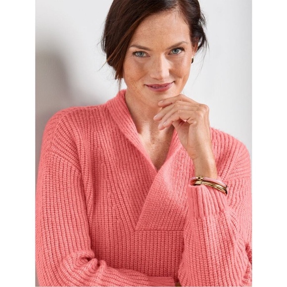 Talbots Shawl Collar Shaker Stitch Coral Sweater - Picture 2 of 11